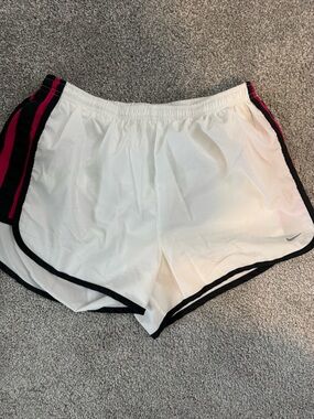 Nike White Athletic Running Shorts with Black Trim and Pink Stripes